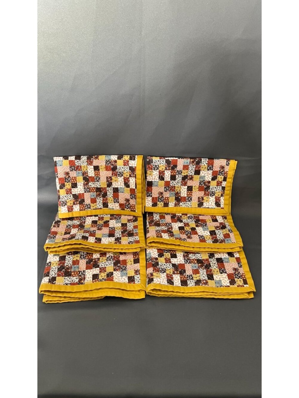 Vintage Patchwork Quilted Placemat Set Of 6 With Floral Patterns & Mustard Yello